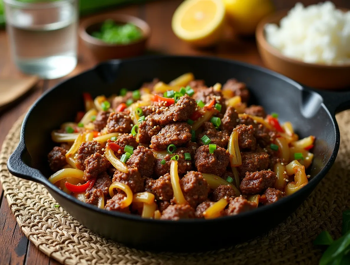 A delicious ground beef stir-fry with onions and peppers, garnished with green onions, served in a black cast-iron skillet.
