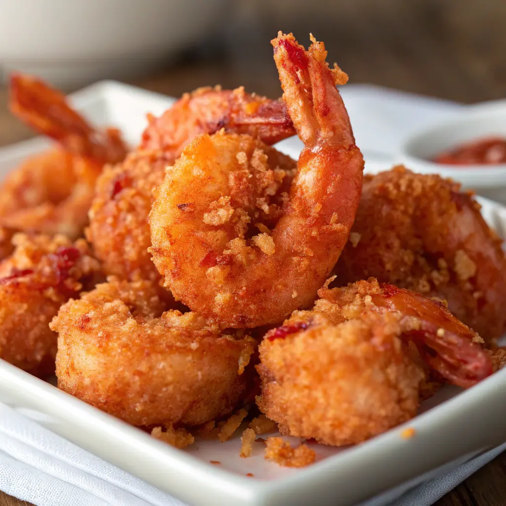 A crispy, golden-brown Bang Bang Shrimp held by black chopsticks, dipped into a small black bowl filled with vibrant orange sauce. The shrimp is garnished with finely chopped green herbs. In the background, a dark plate with more shrimp is slightly out of focus, with scattered herbs and sauce droplets adding to the appetizing presentation. The setting is a dark, textured surface, enhancing the rich colors and details of the dish.