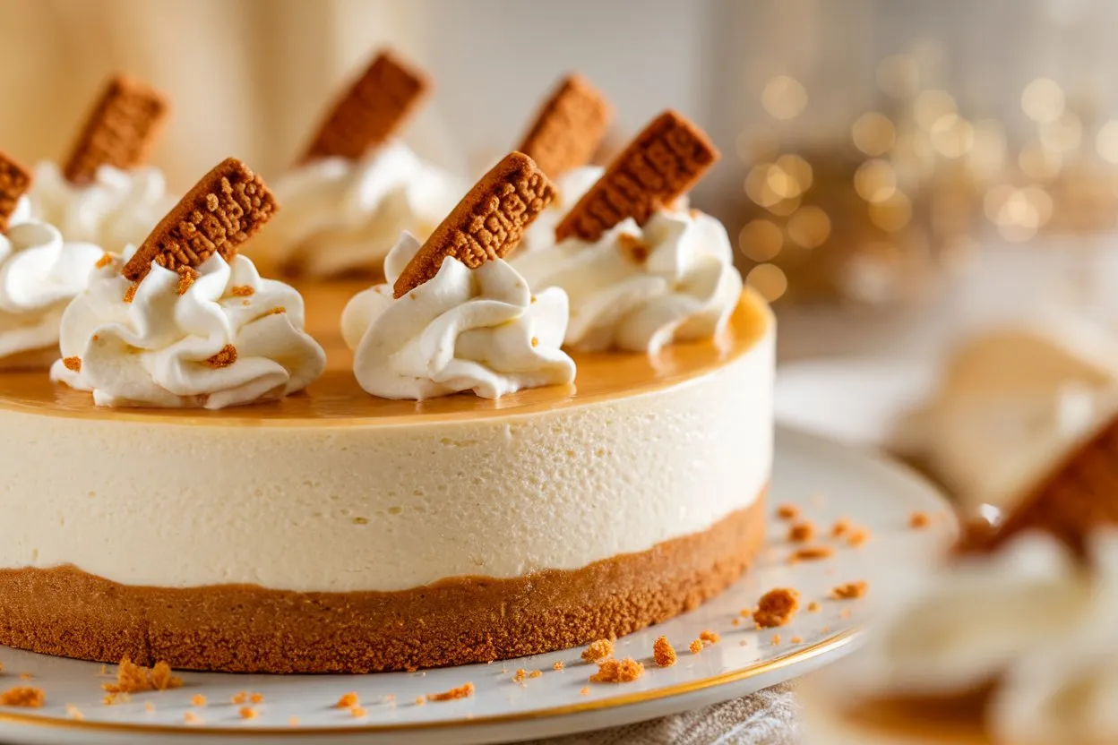 A creamy no-bake Biscoff cheesecake with a thick cookie crust, topped with whipped cream swirls and Biscoff cookie pieces, served on a rustic blue plate with scattered crumbs.