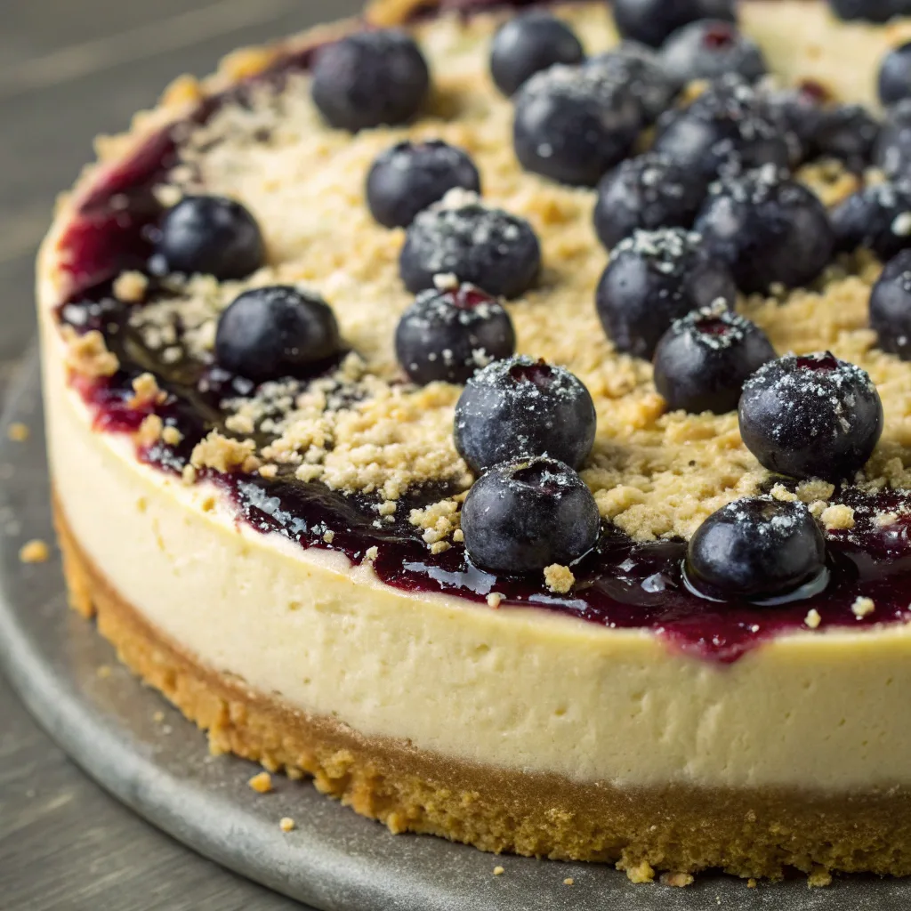 A creamy blueberry cheesecake slice with a golden crust, topped with a rich blueberry swirl. Fresh blueberries are placed around the plate, adding a fresh touch. A green banner with 'Blueberry Cheesecake' text and an orange website button is displayed in the center.