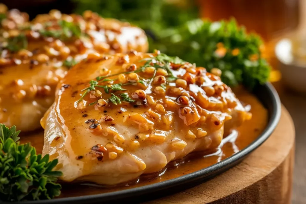 Close-up of Honey Dijon Chicken, featuring golden-brown chicken breasts glazed with a rich, glossy honey Dijon sauce, topped with fresh parsley and garlic bits.