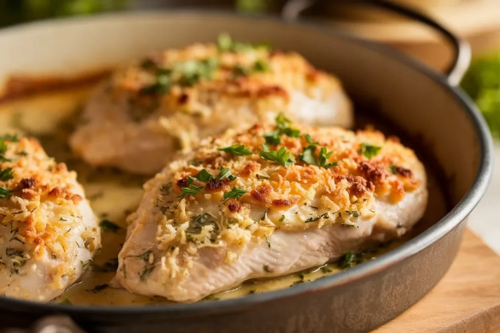 A close-up photograph of a "Melt-In-Your-Mouth Chicken" dish showcases golden-brown, tender chicken breasts topped with a creamy Parmesan mixture, garnished with fresh parsley, served in a rustic baking dish.
