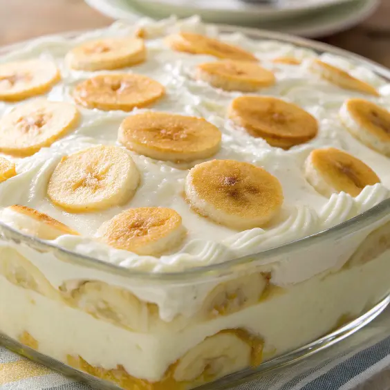 Paula Deen Banana Pudding Recipe, dessert in a glass bowl, topped with fresh banana slices, whipped cream, and a dusting of cinnamon, with ripe bananas in the background.
