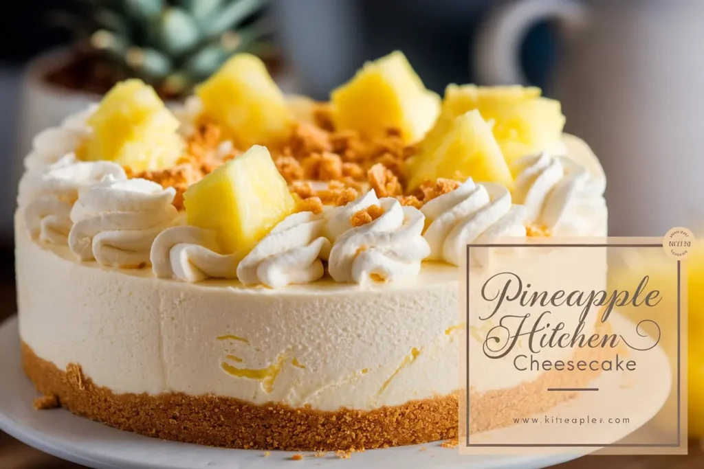Close-up of a creamy pineapple cheesecake with a golden graham cracker crust, topped with fresh pineapple chunks and crumbled cookie bits, served on a dark plate.