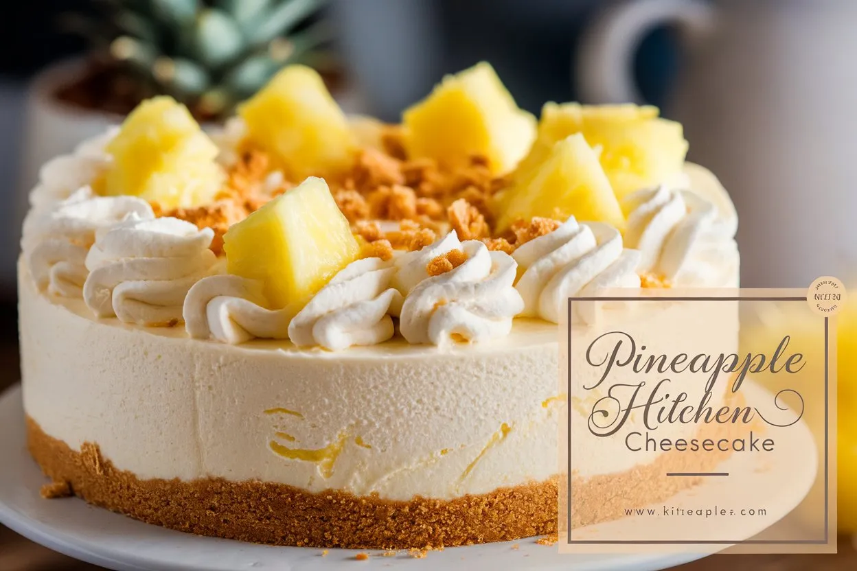 Close-up of a creamy pineapple cheesecake with a golden graham cracker crust, topped with fresh pineapple chunks and crumbled cookie bits, served on a dark plate.
