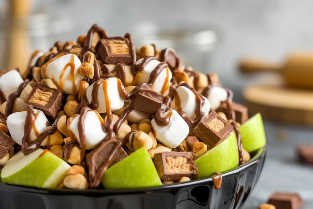 A delicious Snickers Salad in a black bowl, featuring chopped green apples, marshmallows, and Snickers pieces, drizzled with rich caramel and chocolate sauce. The dessert is beautifully arranged with vibrant colors and textures, making it an irresistible sweet treat