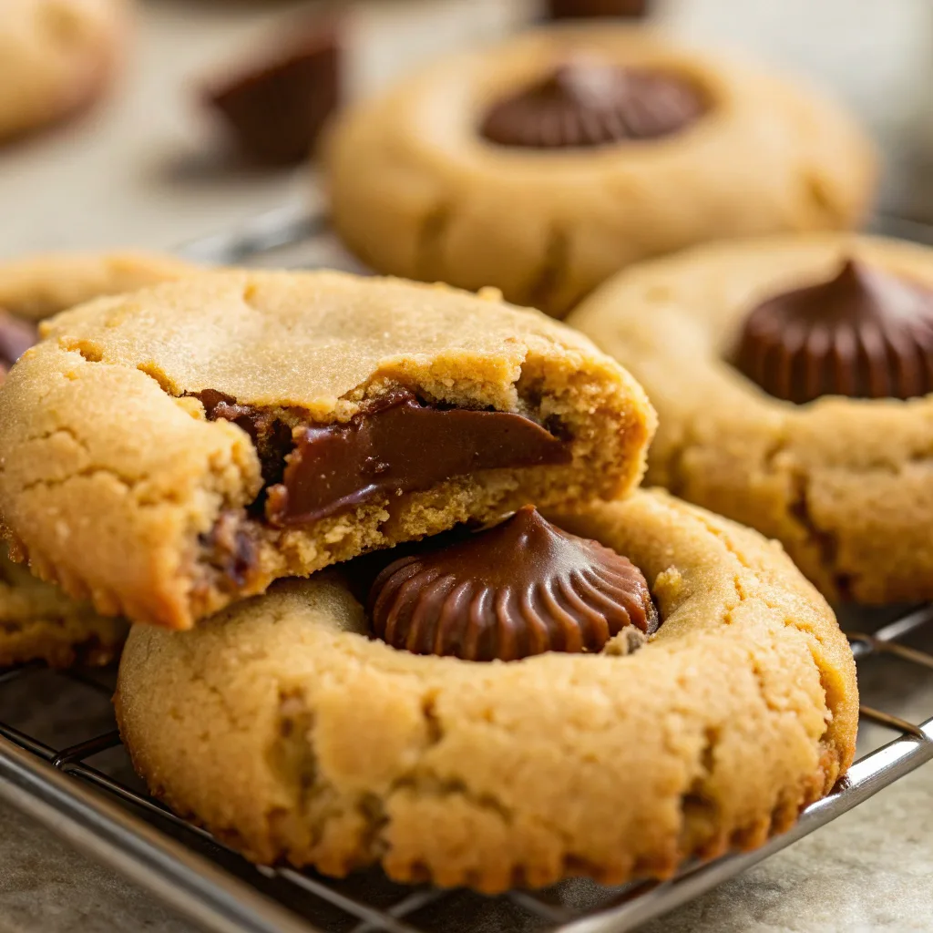 Close-up of freshly baked peanut butter cup cookies on a parchment-lined baking sheet, with a soft, golden-brown texture and a chocolate peanut butter cup in the center. A turquoise towel is placed beside them.