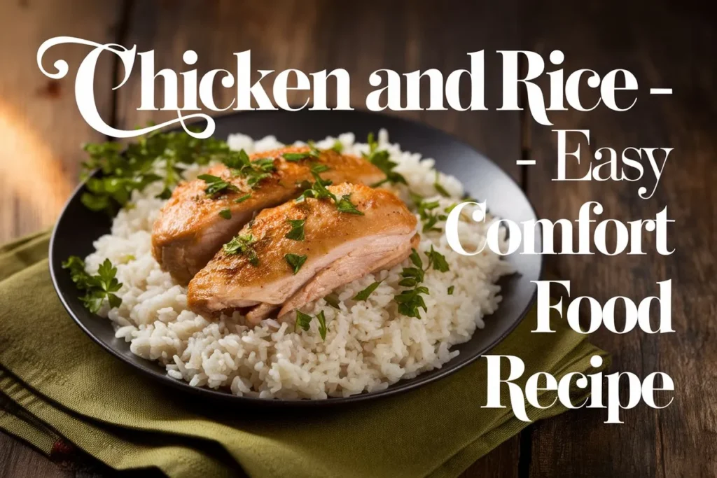 Chicken and Rice Recipe on a bed of fluffy white rice, garnished with fresh parsley, served on a black plate with a green napkin