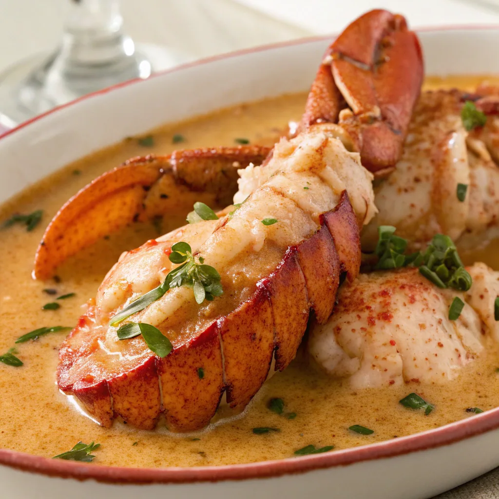 Elegant Lobster Newburg served in flaky puff pastry shells, filled with creamy lobster sauce and garnished with fresh parsley. The dish is presented on a speckled ceramic plate, accompanied by a fork and a blurred background featuring lemon wedges and a wine glass.