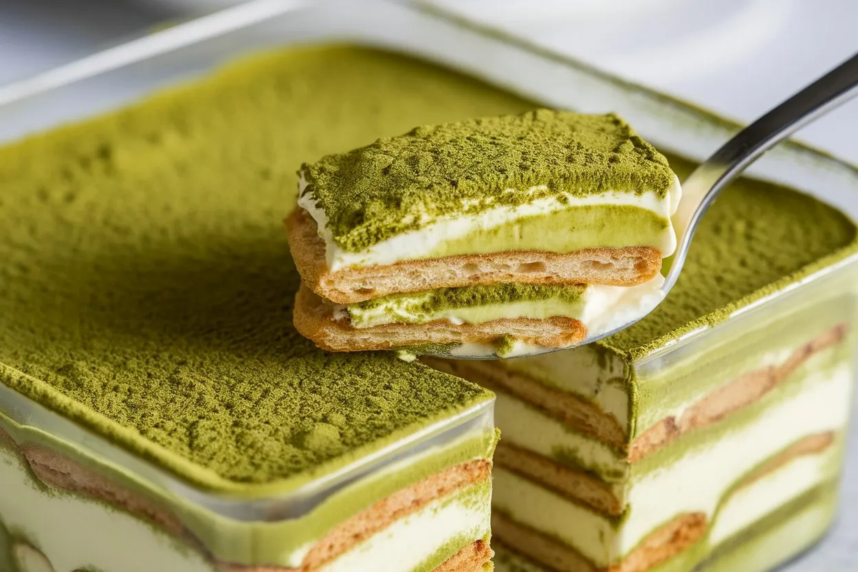 A close-up of a matcha tiramisu in a glass container, with a spoon lifting a piece, revealing layers of green matcha cream, mascarpone, and soaked ladyfingers, dusted with vibrant matcha powder.