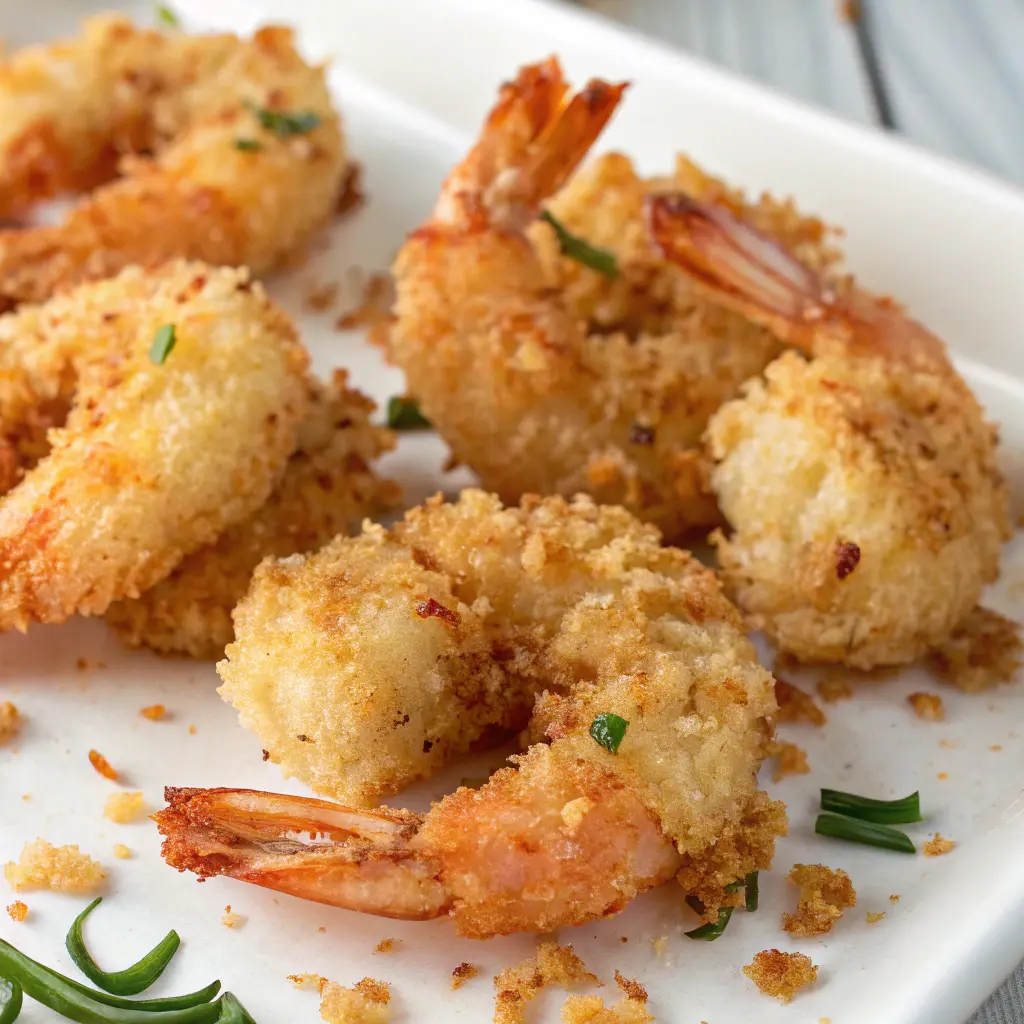 Panko Shrimp Recipe served in a small metal basket on a ceramic plate, garnished with a lemon wedge in the background.