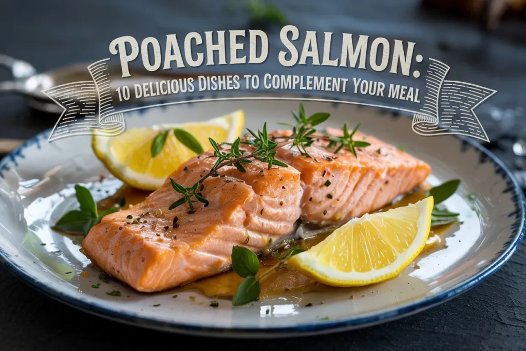 A plate of poached salmon garnished with fresh herbs and black pepper, served with lemon wedges on a blue-rimmed white dish. The text overlay reads: 'Poached Salmon: 10 Delicious Dishes to Complement Your Meal.
