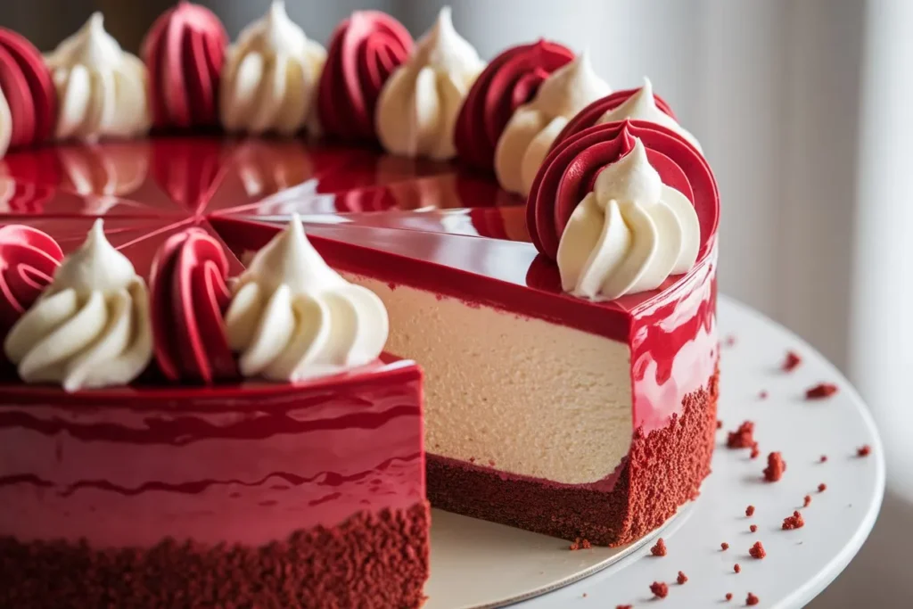 A beautifully crafted Red Velvet Cheesecake with a deep red cake base, a smooth and creamy cheesecake layer, and a glossy red mirror glaze. The cake is decorated with elegant red and white whipped cream swirls, and a single slice is cut out, revealing the perfect layers. Crumbs are scattered on a white cake stand, adding a homemade touch. The background is softly blurred, with natural lighting highlighting the dessert’s rich texture and vibrant colors.