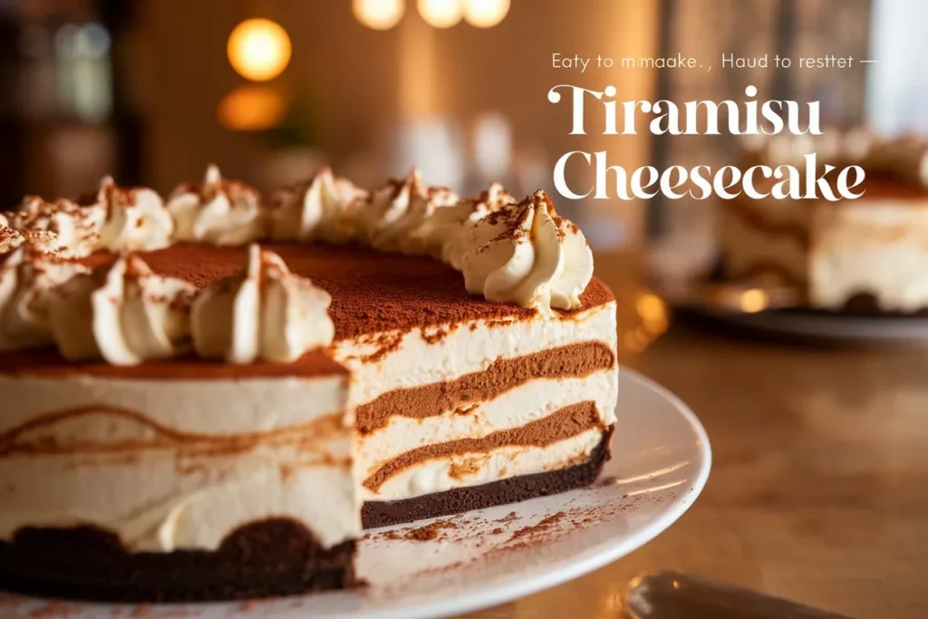 A delicious tiramisu cheesecake with layers of creamy mascarpone, coffee-soaked sponge, and a chocolate crust, topped with whipped cream and cocoa powder.