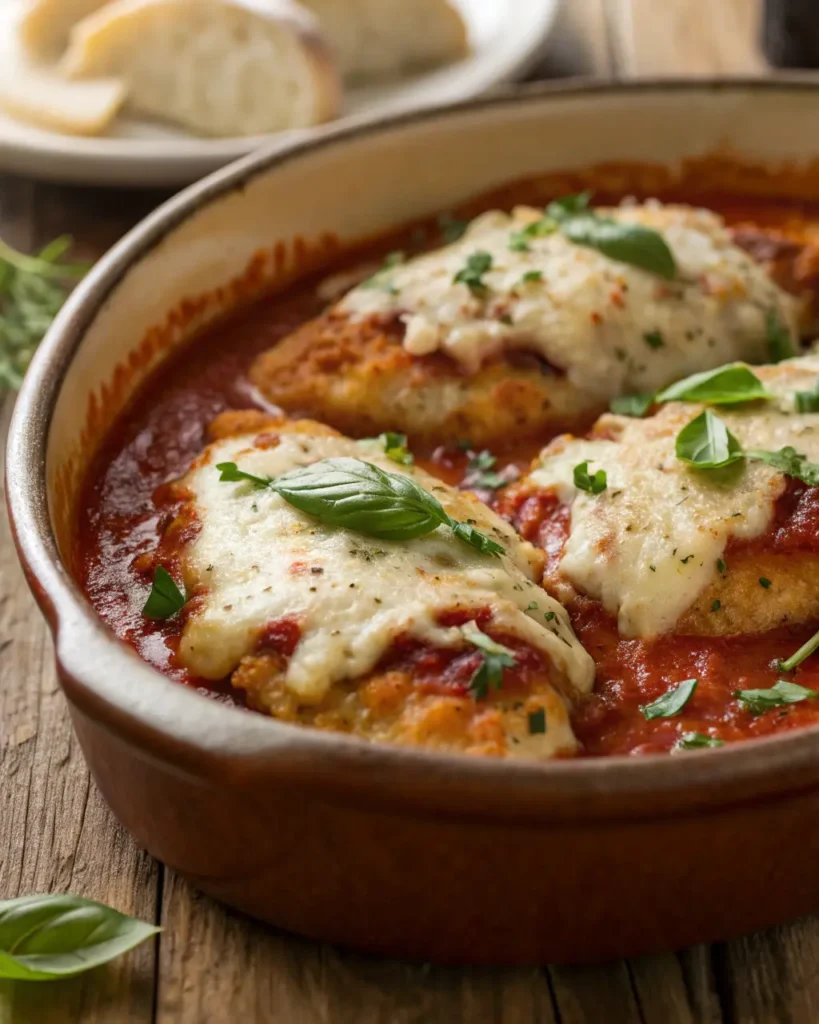 Close-up of Baked Chicken Mozzarella Marinara with melted mozzarella and Parmesan cheeses, garnished with fresh basil.