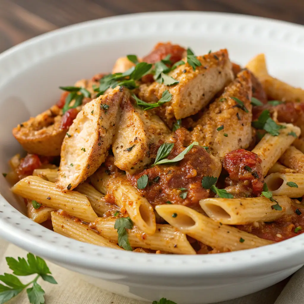 A close-up of creamy Cajun chicken pasta with penne coated in a rich, spicy Alfredo sauce, topped with grilled Cajun-seasoned chicken, diced tomatoes, and garnished with fresh parsley.