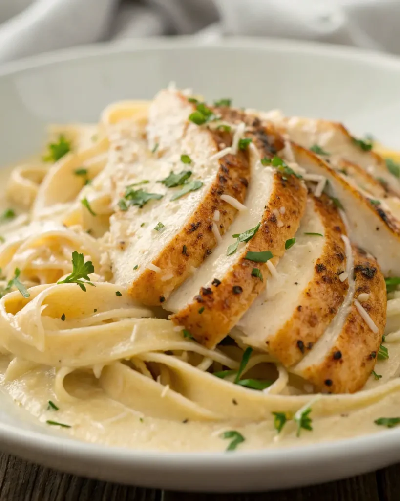 Close-up of Chicken Alfredo with golden-brown chicken slices over fettuccine in creamy Alfredo sauce, garnished with Parmesan and parsley.