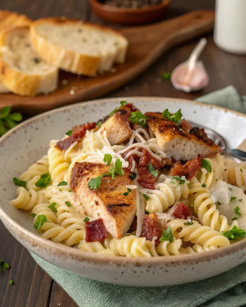 Close-up of Chicken Bacon Ranch Pasta featuring creamy sauce, grilled chicken, crispy bacon, and melted mozzarella.