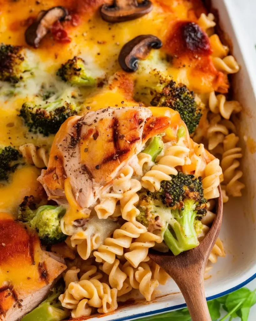 A comforting Chicken Broccoli Pasta Casserole featuring tender chicken pieces, al dente pasta, and vibrant broccoli florets enveloped in a creamy, cheesy sauce, all baked to golden perfection.