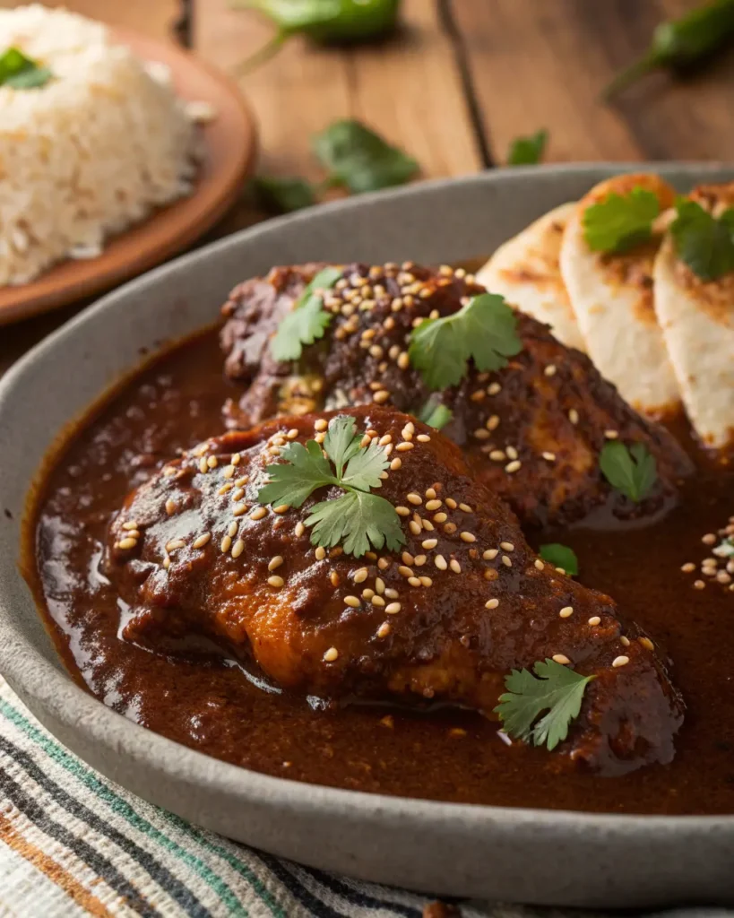 Close-up of Chicken Mole Poblano with tender chicken in rich mole sauce, garnished with sesame seeds and cilantro.