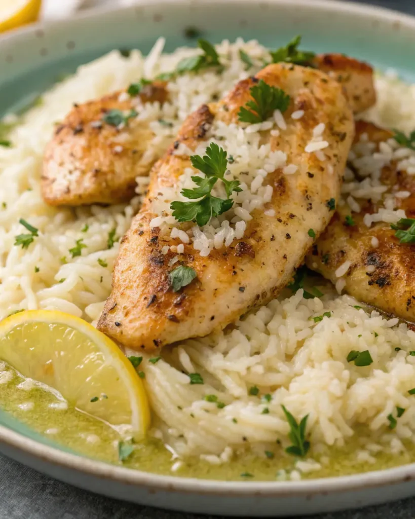 Close-up of Chicken Scampi with Garlic Parmesan Rice featuring pan-seared chicken tenderloins over buttery garlic Parmesan rice, garnished with parsley.