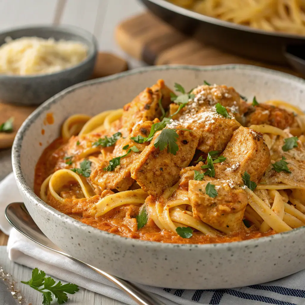 A plate of Cowboy Butter Chicken Pasta showcases tender chicken pieces and linguine pasta enveloped in a creamy, herb-infused butter sauce, garnished with fresh parsley and lemon wedges.