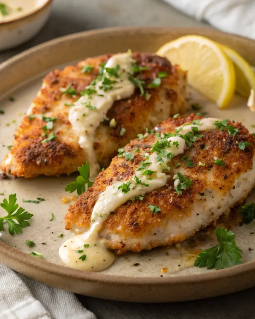 Close-up of Garlic Parmesan Chicken with crispy Parmesan crust and creamy garlic sauce, garnished with parsley.
