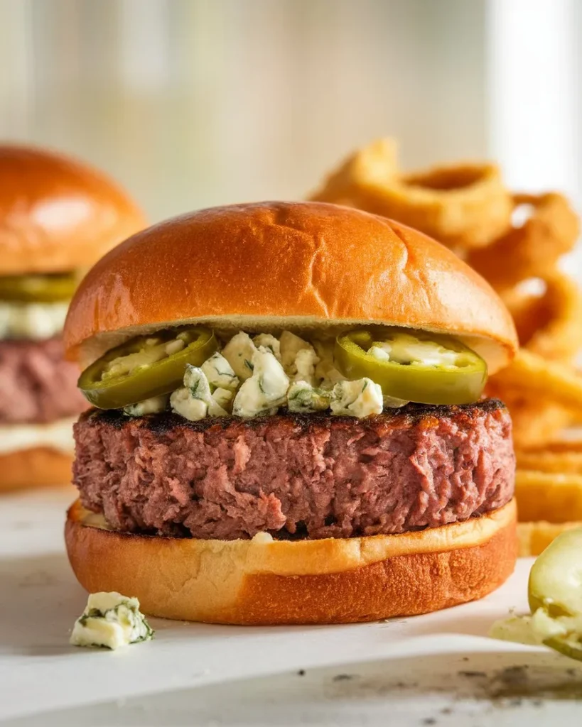 A Jalapeño Burgers with a beef patty, melted cheese, fresh jalapeño slices, and crispy bacon, served in a toasted brioche bun.