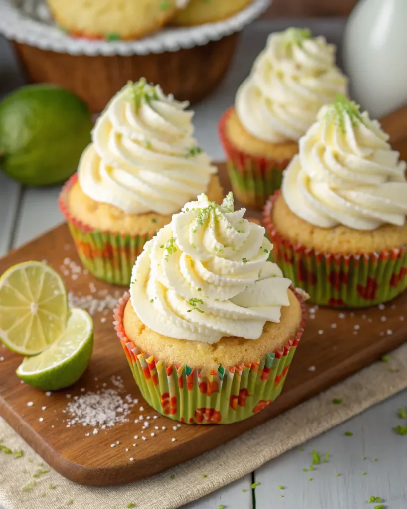 Close-up of Margarita Cupcakes topped with tequila-lime frosting, garnished with lime wedges and zest.