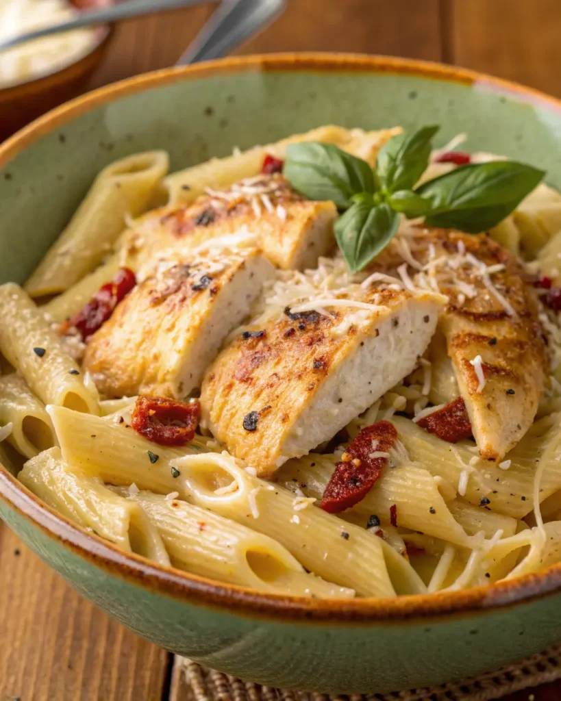 Close-up of Marry Me Chicken Pasta featuring seared chicken and penne in a creamy sun-dried tomato sauce, garnished with fresh basil.