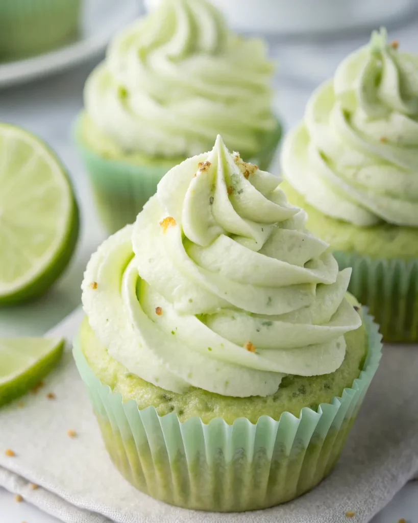 Close-up of Tequila Lime Frosting piped on a cupcake, garnished with lime zest and a lime wedge.​