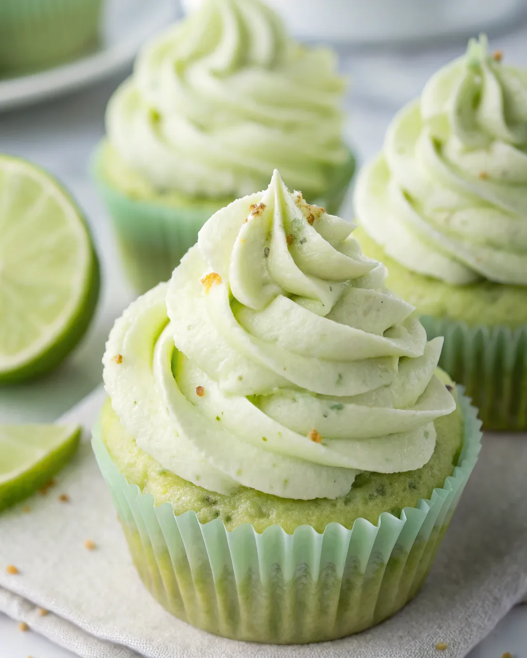 Close-up of Tequila Lime Frosting piped on a cupcake, garnished with lime zest and a lime wedge.​