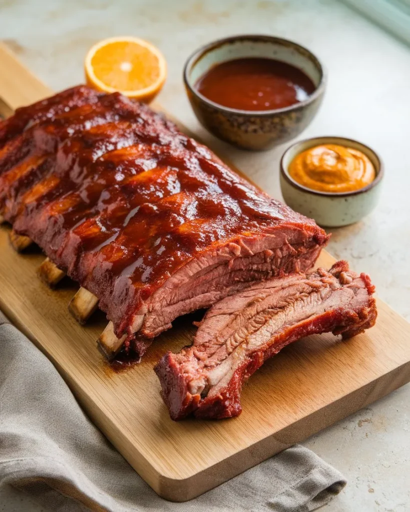 A rack of baby back ribs with a glossy barbecue sauce glaze on a wooden cutting board. One rib is sliced and pulled forward, revealing tender, smoky meat. In the background, two small bowls hold barbecue sauce and mustard, with a halved orange adding a pop of color. A linen napkin rests beside the board for a rustic touch.