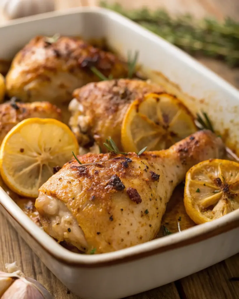 Close-up of baked chicken with crispy skin, garnished with roasted lemon wedges and garlic cloves in a rustic baking dish.