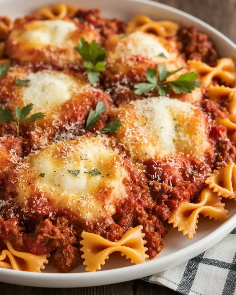 A plate of Bowtie Pasta Ziti with a rich tomato-based meat sauce, melted cheese, and sprinkled Parmesan, garnished with fresh parsley.