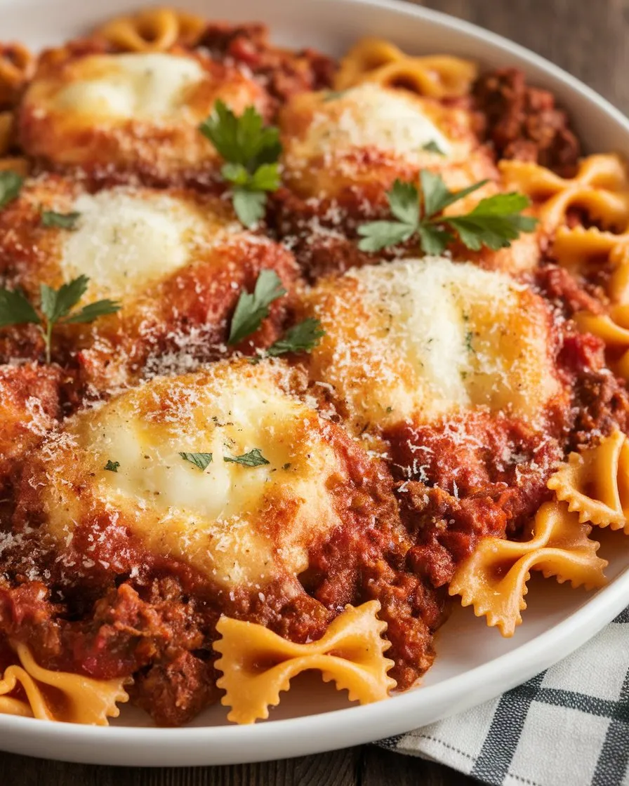 A plate of Bowtie Pasta Ziti with a rich tomato-based meat sauce, melted cheese, and sprinkled Parmesan, garnished with fresh parsley.