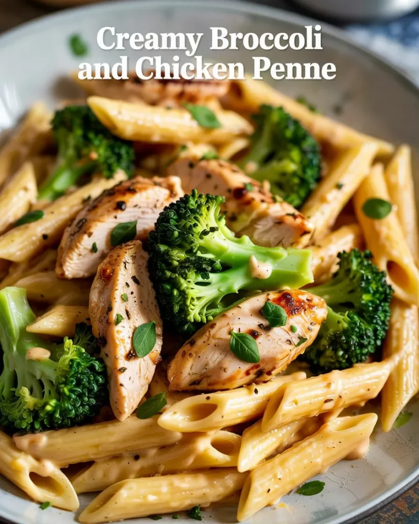 A close-up of a Chicken and Penne Pasta Recipes dish featuring penne noodles mixed with vibrant green broccoli florets and golden-brown chicken pieces. The dish is coated in a smooth, cheesy sauce, making it look rich and appetizing.