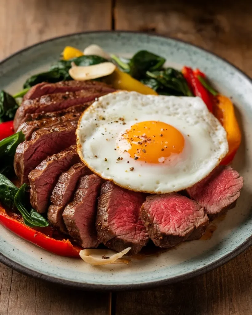 A plate of sliced, medium-rare Steak and Eggs with a seared crust, arranged in a fan shape, topped with a sunny-side-up egg with a runny yolk and lightly seasoned with black pepper. The dish is accompanied by sautéed spinach, red and yellow bell peppers, and thinly sliced garlic on a rustic ceramic plate. The background features a wooden table, adding warmth and a homely touch to the presentation.