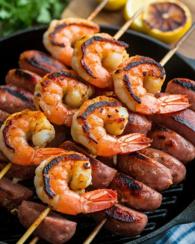 Close-up of grilled shrimp and sausage skewers, showing perfectly charred shrimp with a golden-orange hue and grill marks, paired with juicy, browned sausage slices. The skewers are arranged in a cast-iron pan, with slightly charred lemon halves and fresh herbs in the background, creating a rustic and appetizing presentation.