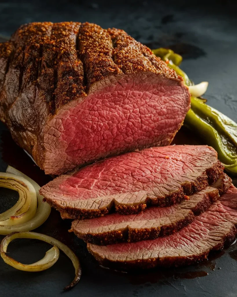 Sliced roast beef with a crispy seasoned crust, served with onions and green peppers on a dark plate.