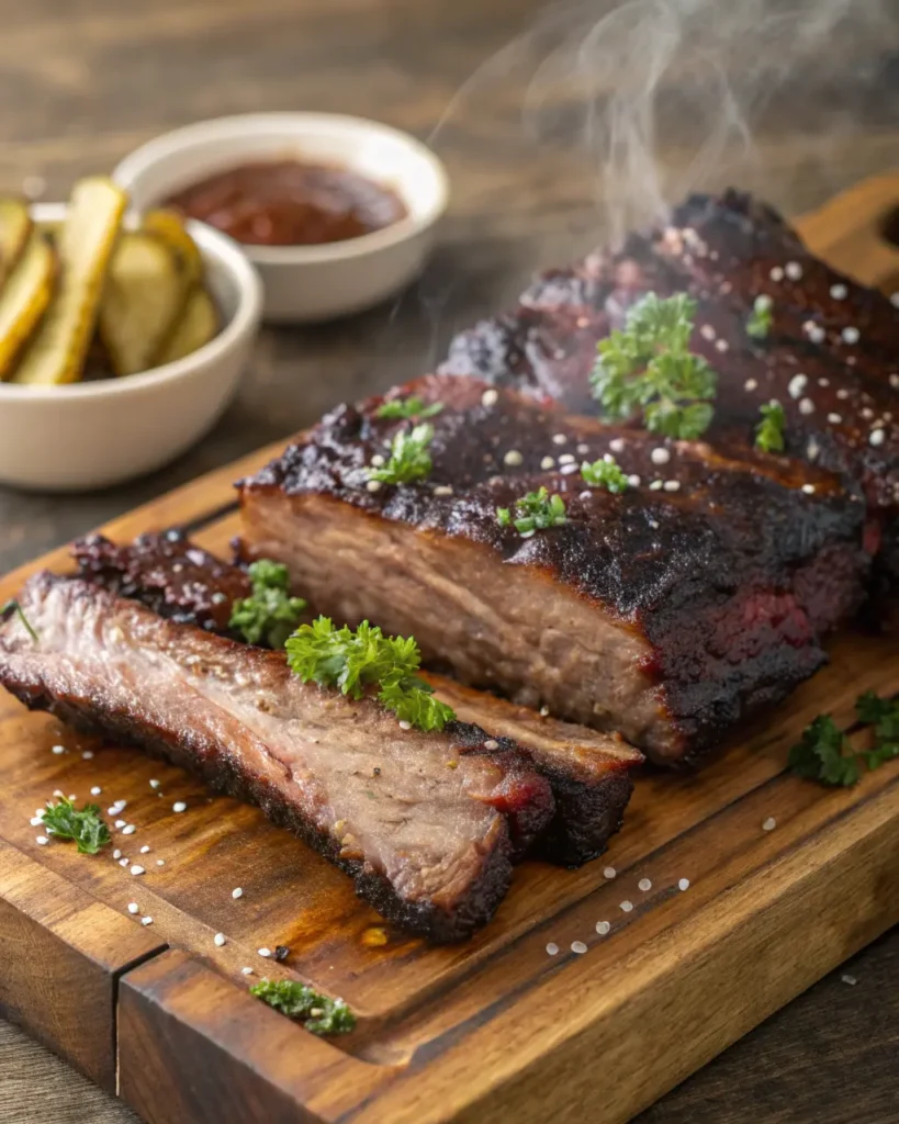 Close-up of smoked beef short ribs with caramelized bark and visible smoke ring, garnished with parsley and served on a wooden cutting board.