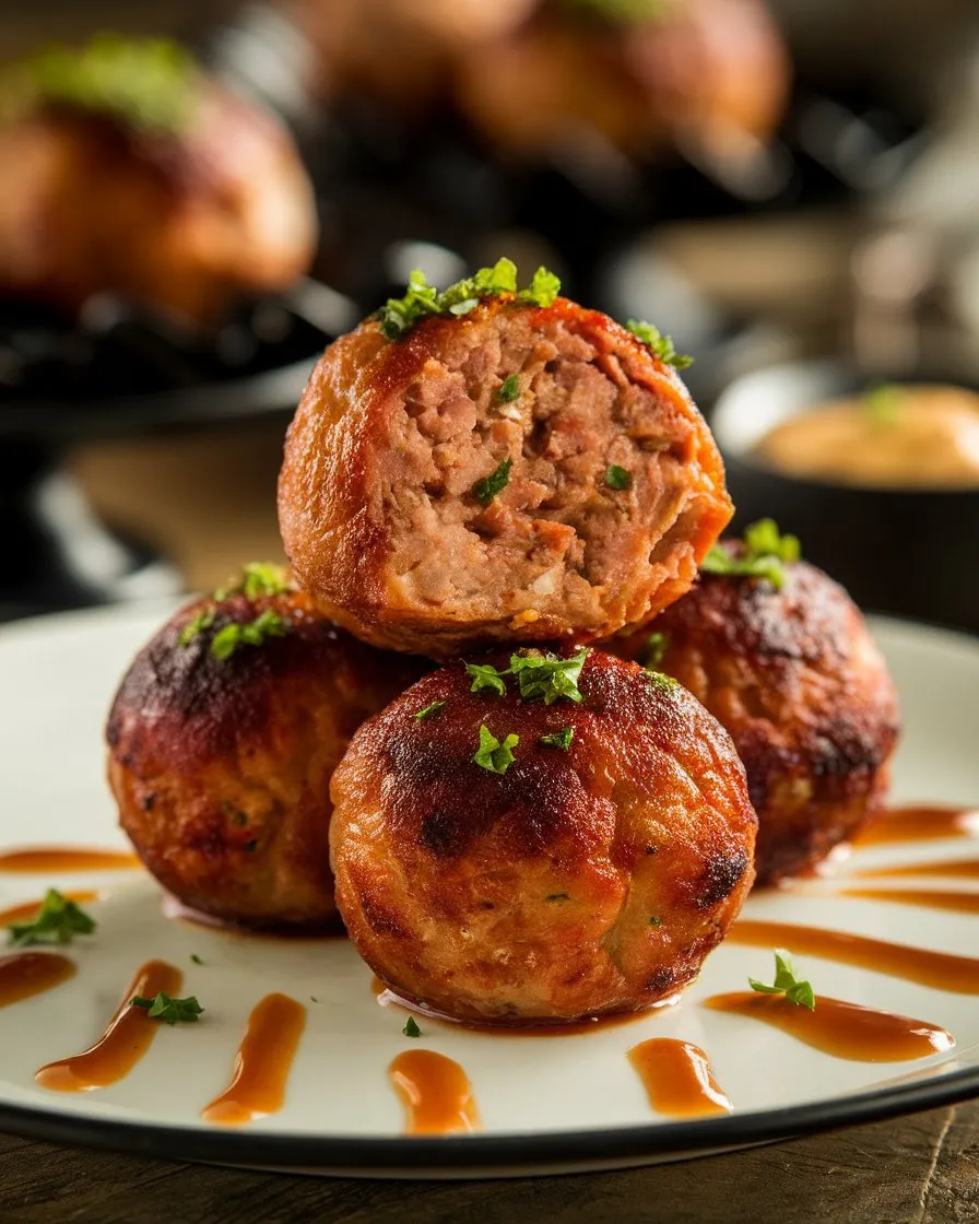 A plate of smoked meatballs with a caramelized BBQ glaze, garnished with fresh parsley, served alongside a small bowl of dipping sauce on a rustic wooden table.