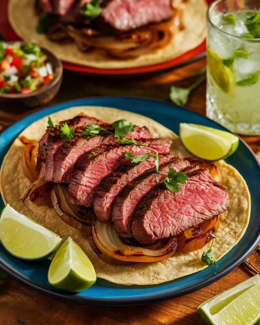 Grilled onion and skirt steak tacos on corn tortillas, garnished with cilantro and accompanied by lime wedges.